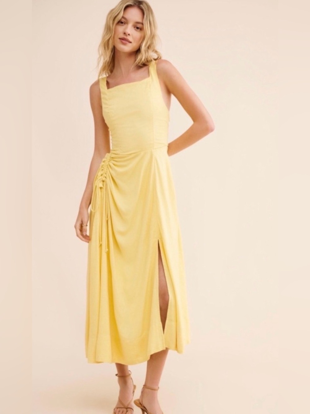 🌼 Free People NWT Sienna Midi Dress Mellow Yellow Square Neck Size 6 🌼